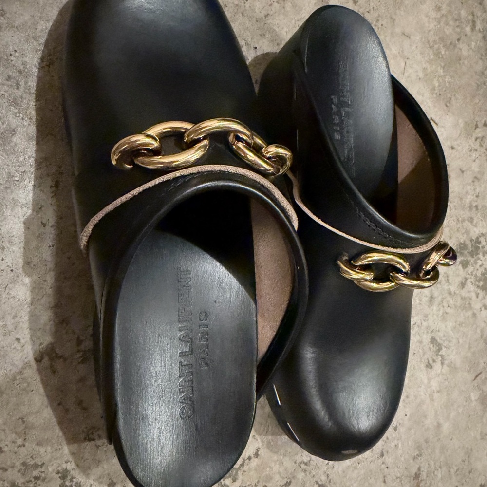 Saint Laurent Black Mules with Gold Chain Accent - Picture 4 of 5
